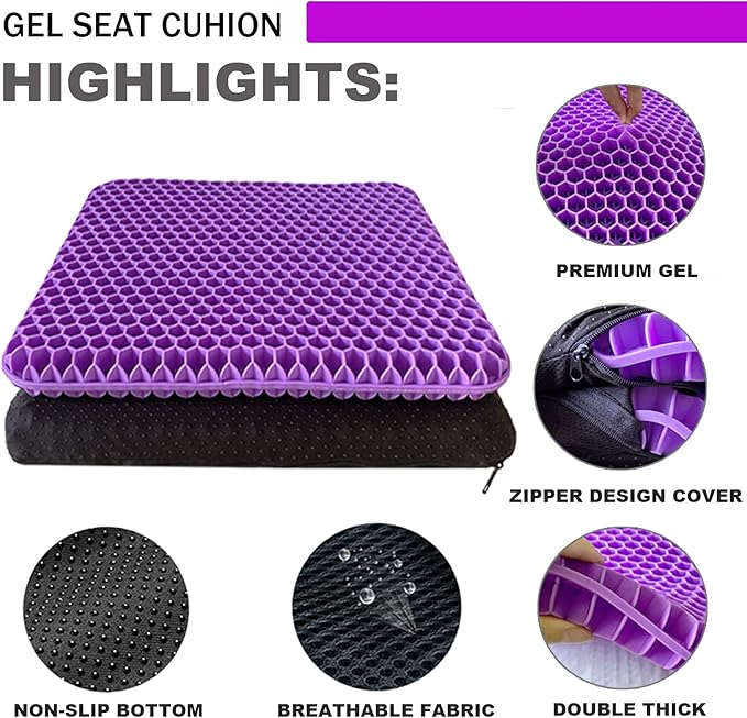 Gel Seat Cushion - Enhanced Double Thick Egg Seat Cushion with Non-Slip Cover - Office Chair Car Seat Cushion - Sciatica & Back Pain Relief - Perfect for Office Chair Car Wheelchair Travel