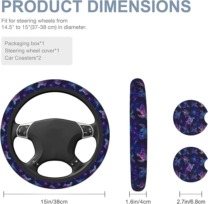 Purple Cosmic Galaxy Sea Turtle Car Steering Wheel Cover for Women Men with 2 Pcs Car Coasters,Universal 15 Inch Steering Wheel Covers Anti-Slip and Practical Auto Accessories Fit Auto,Suvs