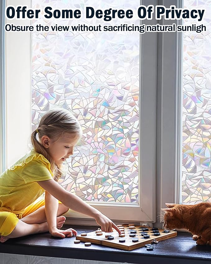 Rainbow Window Privacy Film with Installation Tools, 3D Decorative Vinyl, Stained Glass Decals, Removable, Peep-Proof, Static Cling, Heat Control (29.5 x 78.7 Inch)