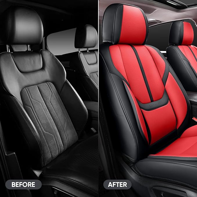 Auto Car Seat Covers Accessories Full Set Leather Cushion Protector Breathable Waterproof Seat Cover for Cars Universal Fit (Black&Red, Full Set Without Headrest)