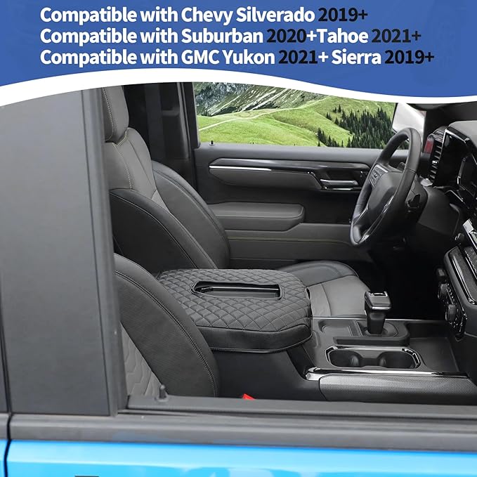 RT-TCZ for Silverado Center Console Cover Armrest Pad for Chevy Silverado Suburban Tahoe for GMC Yukon Sierra 2019 Up Black Interior Accessories