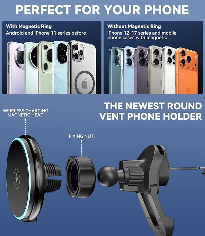 15w Charger Car Phone Mount for Magsafe, Air Vent Car Mount Magnetic Wireless Phone Holder for Mercedes Benz A/B/C/E/V/G/Class & Audi A1/A3/A3 for iPhone 17 16 15 14 13 12 Pro Max, Black