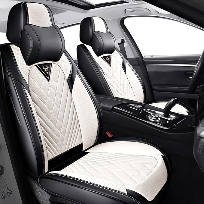 Car Seat Covers,Waterproof Nappa Leather Automotive Seat Covers Full Set for Cars SUV Truck Sedan,Universal Anti-Slip Seat Protector Breathable Seat Cover (2 Seat-Headrest,Black&White)