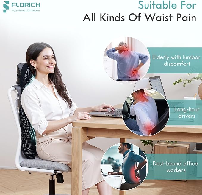 FLORICH Lumbar Support Pillow and Neck Headrest Pillow for Office Chair Car, Ergonomic Memory Foam, Relieves Neck, Back Pain, Pressure-Relieving Back Support for Car, Office Chair & Wheelchair – Black