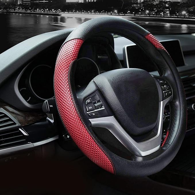 Valleycomfy Steering Wheel Cover with Microfiber Leather for Car Truck SUV 15 inch (Red)