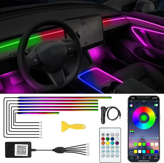 Acrylic Interior Car LED Lights with Remote and Wireless APP 6 in 1,Ambient Lighting Kits Fiber Optic Strip LEDs,16 Million Colors Music&DIY Function