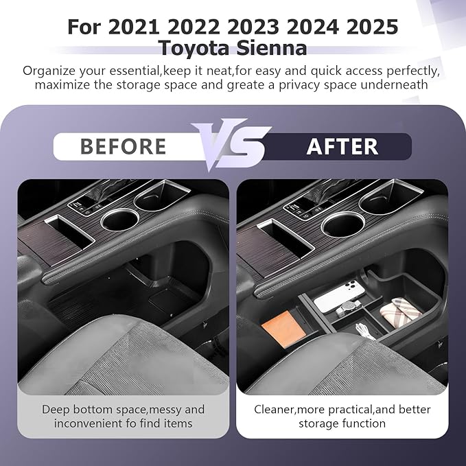 LUWU Lower Center Console Tray Storage Box for 2021 2022 2023 2024 2025 2025 Toyota Sienna Accessories Console Bottom Organizer ABS Material Interior Black 2-Pack (Not Fit w/Refrigerator)