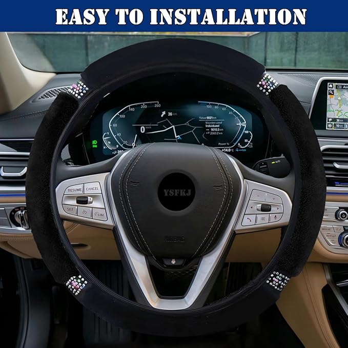 Fluffy Steering Wheel Cover, Universal 15 Inch Colorful Rhinestones Car Steering Wheel Cover, Sparkly Crystal Diamond Steering Wheel Protector for Women Girls,Black