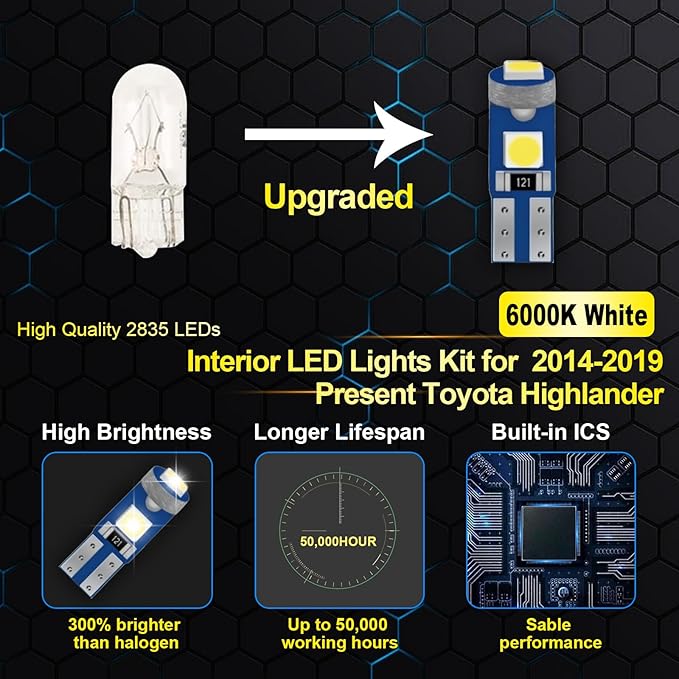 EASY EAGLE LED Interior Car Lights for Toyota-Highlander-2014-2019: 14 Piece Kit White LED Light Bulbs - Super Bright 6000K + Install Tool