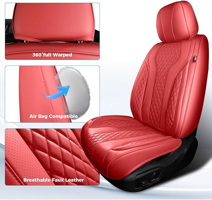 Leather Car Seat Covers - Breathable Faux Leather Seat Covers Full Set for Cars SUV Sedan - Waterproof - RED