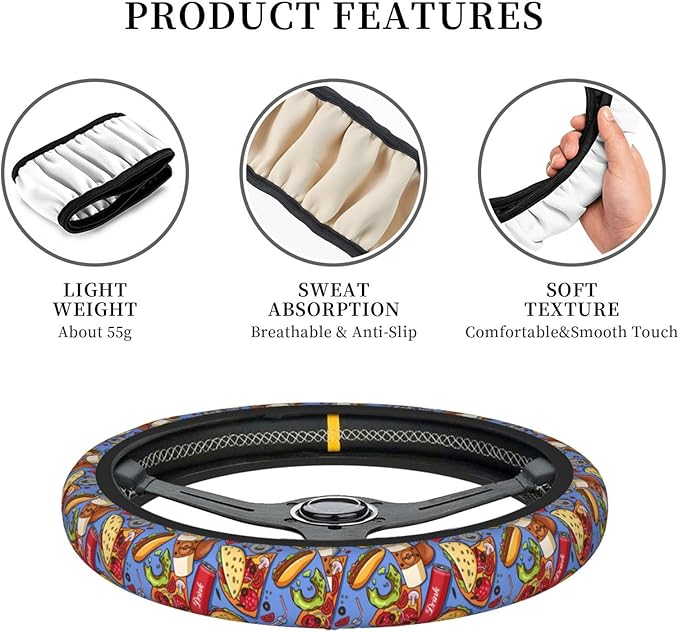 Dujiea Fast Food Hamburger Pizza Cola Elastic Stretch Steering Wheel Cover, Anti-Slip and Durable Car Steering Wheel Accessories for Women Men, 15 Inch Universal Fit Car, Truck, SUV