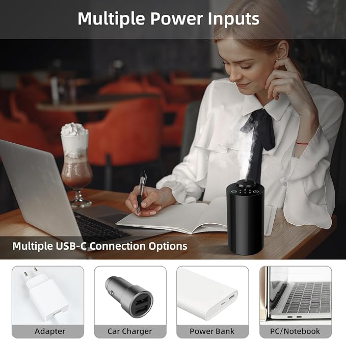 Waterless Essential Oil Diffuser Aromatherapy Scent Diffuser for Home Large Room, Bedroom, Car, Office, Desk, Battery Operated Mini Portable Air Freshener,4 Timers & 3 Mist Levels (Black)