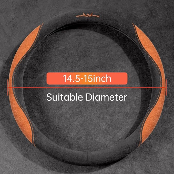 OURTIME Faux Suede Car Steering Wheel Cover, Universal 15 inch,Anti-Slip, Comfortable, Soft,Microfiber Breathable Suede Fabric,Warm in Winter and Cool in Summer (Gray with Orange)