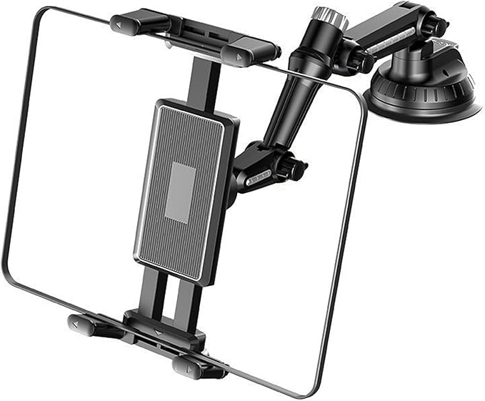 5 in 1 Tablet Holder for Car, Windshield+Dash Car iPad/Phone Mount with Strong Suction Cup & Large Clamp, for Most Phones and Tablets, for Driver & Front Passenger, Adjustable, Upgrade (Black)