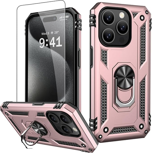 IKAZZ for iPhone 14 Pro Max Case 6.7 Inch with Screen Protector,Military Grade Shockproof Heavy Duty Protective Phone Cover Pass 16ft Drop Test with Magnetic Kickstand Car Mount Holder,Rose Gold