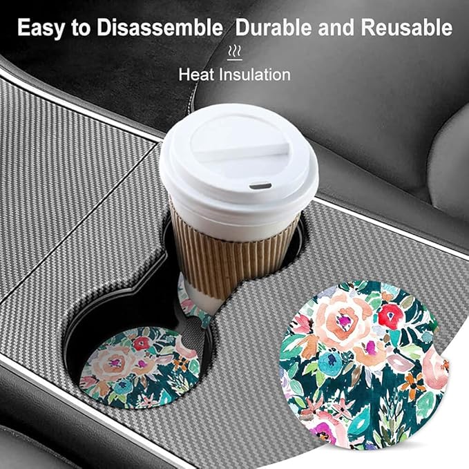 Water Color Floral Absorbent Cup Holders Car Coasters,Ceramic Stone Drinks Coaster Set for Women Man 2.56"(2 Pack)