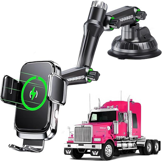 Wireless car Charger Phone Holder Mount for Truck,【10-inch Long arm 】 Pickup Truck Phone Holder Qi2 15W Fast Charging Heavy Duty Truck and Large SUV Windshield/Dashboard,for iPhone Samsung LG