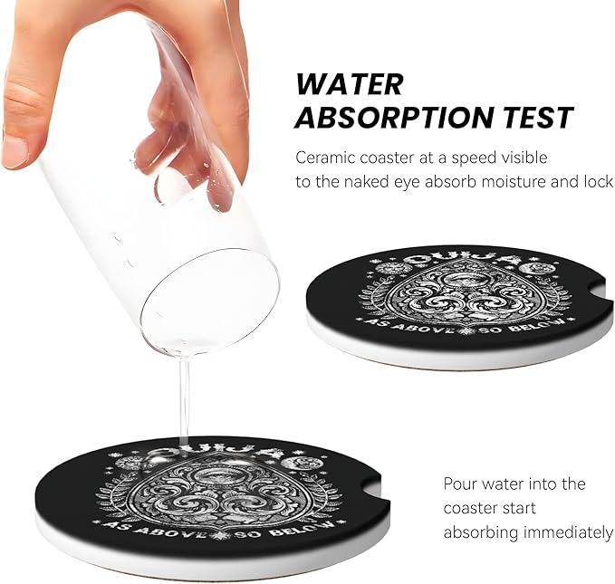 Absorbent Car Coasters for Cup Holders, 2 Pack Universal Anti Slip Ceramic Cup Coaster for Women Men 2.56 Inch Car Interior Accessories - Vintage Ouija 022