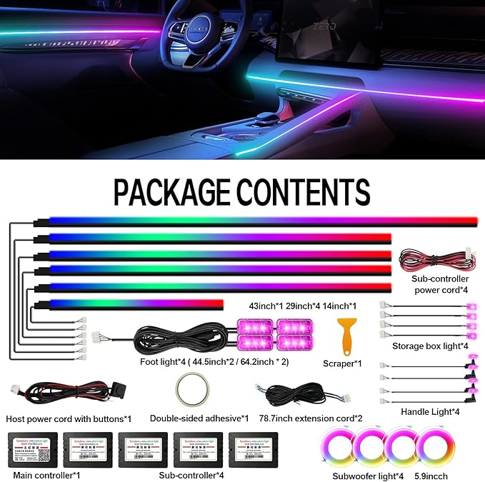 Dreamcolor Acrylic Ambient Lighting Car Lights – Wireless APP Control, Music Sync, Dynamic RGB Interior Car LED Strip Light Kit, 22-in-1 Customizable LED Lights for Car Interior