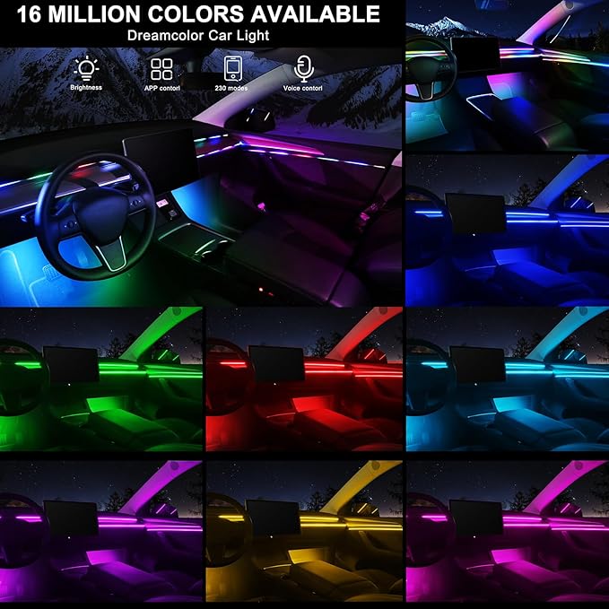 Dreamcolor Acrylic Interior Car LED Strip Light with Wireless APP, RGB 10 in 1 with 175 inches 593 Neon Car Ambient Lighting Kits, Dynamic Chasing Music Sync LEDs Fiber Optic Strip Lights for Car