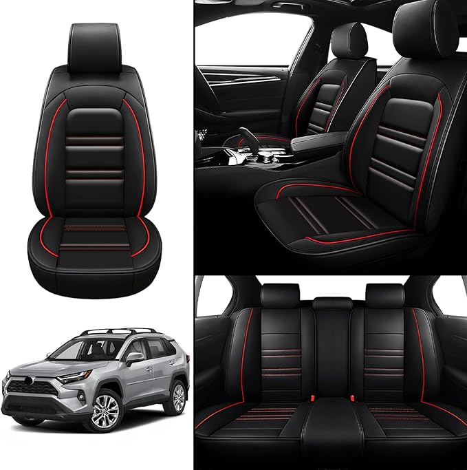 Seat Covers for Toyota Tacoma 2007-2025 | 5-Seats Leather Seat Covers, Easy to Install Automotive Seat Covers Full Set (Full Set, Black&Red Line)