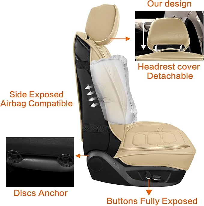 Pariitadin Leather Car Seat Covers Front Pair, Waterproof Breathable Faux Leather Automotive Seat Covers for Cars, Non-Slip Car Interior Covers Universal Fit Most Cars Sedans Trucks SUVs, Beige