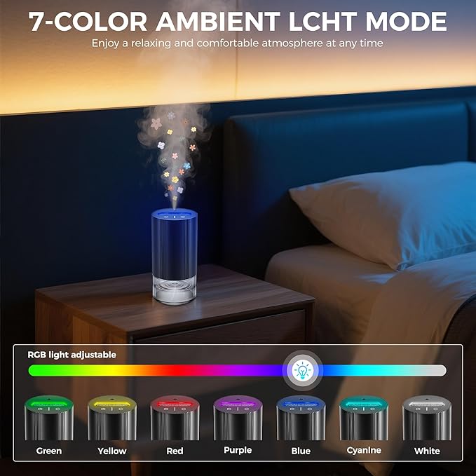 Waterless Essential Oil Diffuser with 100ml of Pure Essential Oil, Mini Scent Air Diffuser with 7 Color Lights, 100ml Large Capacity CarDiffuser, 3 Timers & 3Mist Levelsfor Home, Car, Office