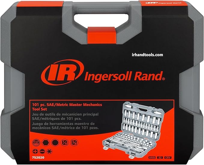Ingersoll Rand 101 Piece SAE/Metric Master Mechanics Tool Set, Includes 1/4" & 3/8" Drive, 76 Sockets, 72-Tooth Seal-Head Ratchets, Tools & Accessories – 752020