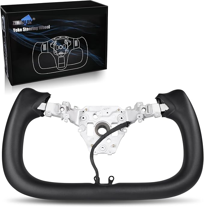 ZIMABLUE Black Yoke Steering Wheel For Tesla Model Y Juniper Accessories 2025, Black Nappa Leather for Tesla Model Y Juniper 2025 With Heating Function,Without stripe