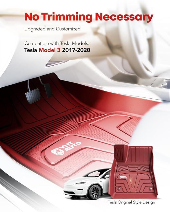 YHTAUTO Custom Fit Red Floor Mats for Tesla Model 3 2020 2019 2018 2017, All Weather TPE Car Carpet, Front Rear Trunk Storage Cargo Liner, Lower Storage Mat, Anti-Slip Waterproof Orderless, Set of 6