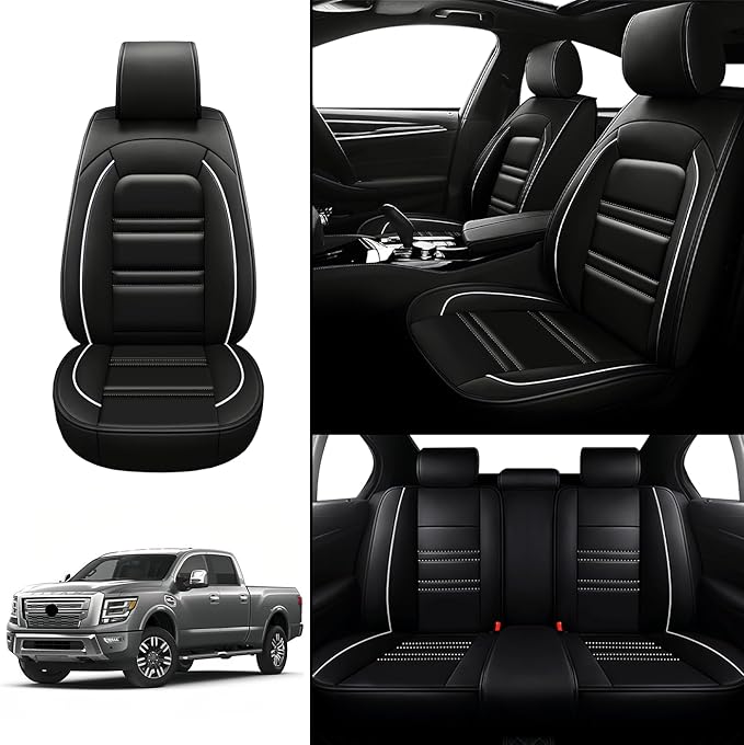 Seat Covers for Nissan Car Titan 2004-2024 | 5-Seats Leather Seat Covers, Easy to Install Automotive Seat Covers Full Set (Full Set, Black&White Line)