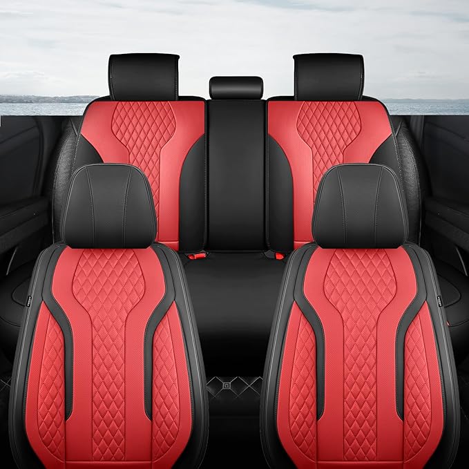 Leather Car Seat Covers - Breathable Faux Leather Seat Covers Full Set for Cars SUV Sedan - Waterproof - BlackRed