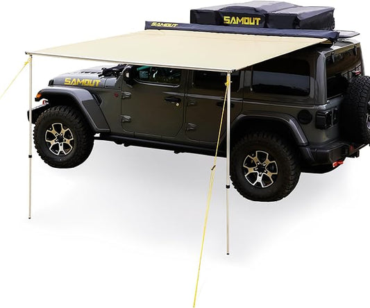 Vehicle Awning, 6.6ft x 10ft, Rooftop Pullout Ripstop UPF50+ Side Awning, Reinforced Hinges & Poles for Jeep/SUV/Truck/Van