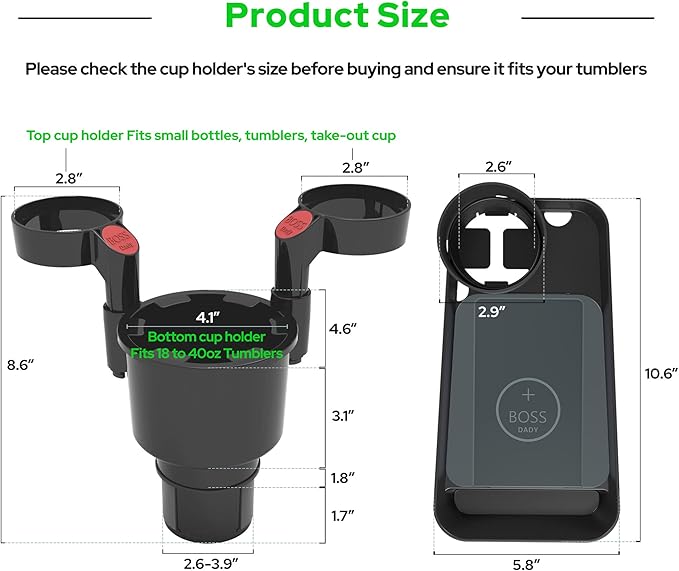 Triple Car Cup Holder Expander Attachable Tray with Adjustable Base and Large Bottles