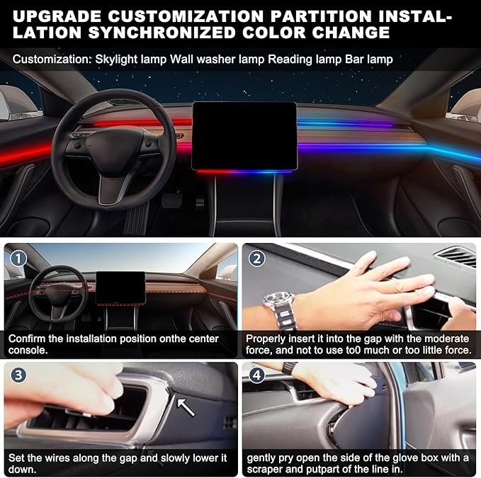 Acrylic Interior Car LED Strip Light with USB/Type C, RGB 6 in 1 with 175 Inch 593 LEDs Strip, Dynamic Chasing Music Sync Neon Ambient Lighting Kits
