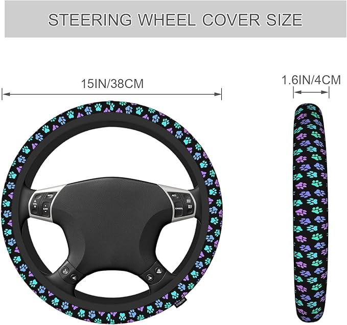 Paw Steering Wheel Cover Women Men Rainbow Dog Cat Footprint Kitten Paw Toe Car Accessories for Women Men 15 Inch Steering Wheel Covers Universal Steering Wheel Cover for Truck Auto Suvs