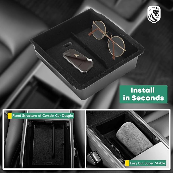 YHTAUTO Armrest Upper Tray Fit 2024 2025 Tesla Model 3 Highland, Center Armrest Storage Box with Sunglass Holder Non-Slip - Flocking Inside Interior Accessories 1PC