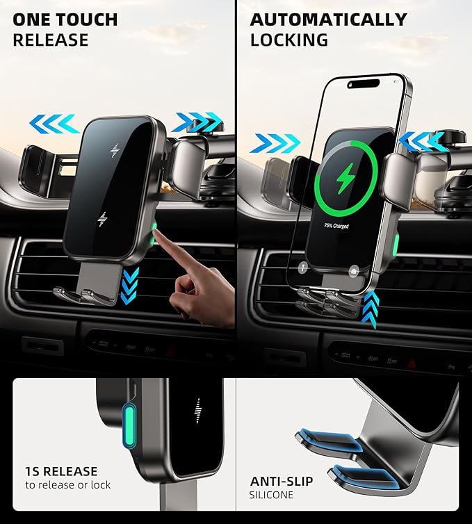 Dual Coil 15W Car Phone Holder (Not Easy to Disconnect) Wireless Car Charger -Auto Clamping- Charging Phone Holders for Your Car Dash Vent Windshield, for Flip S24/S23/S22/S21, iPhone 17/16/15