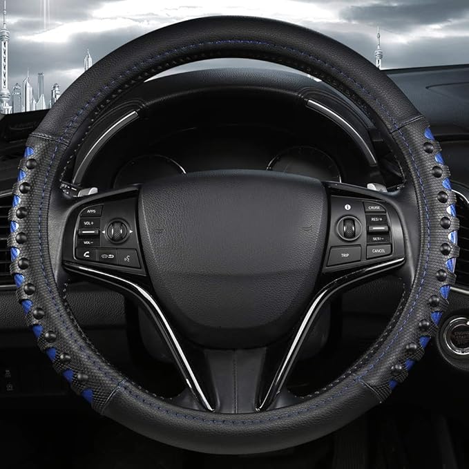 West Llama Microfiber Leather Car Steering Wheel Cover for Men Women,Universal Fit 14.5-15 inch(Leather Nails-Blue+Black-Standard Size)