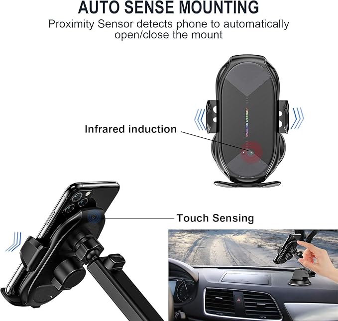 Wireless Car Charger Mount, 15W Qi Fast Charging Auto-Clamping Phone Holder, Vent/Mount Compatible with iPhone 13/12/11/X/8, Samsung S20/S10/Note20/Note10