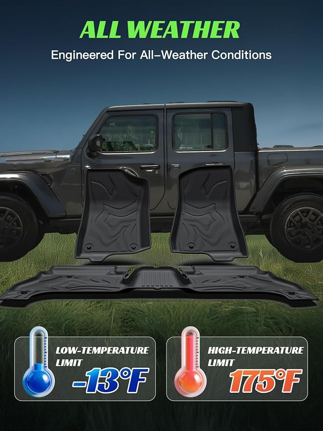 TPE All-Weather Floor Mats for Jeep Gladiator JT 2020-2025 | Custom Fit Floor Liners | 1st & 2nd Row Protection | Durable, Odorless, Easy to Clean (3-Piece Set, Black)