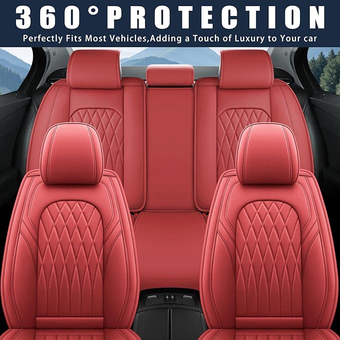 WELLDO Car Seat Covers Full Set, Leather Seat Covers for Cars, Car Seat Protector Waterproof, Non-Slip Car Interior Covers Full Set Universal Automotive Seat Covers for Most Sedans SUVs, Burgundy