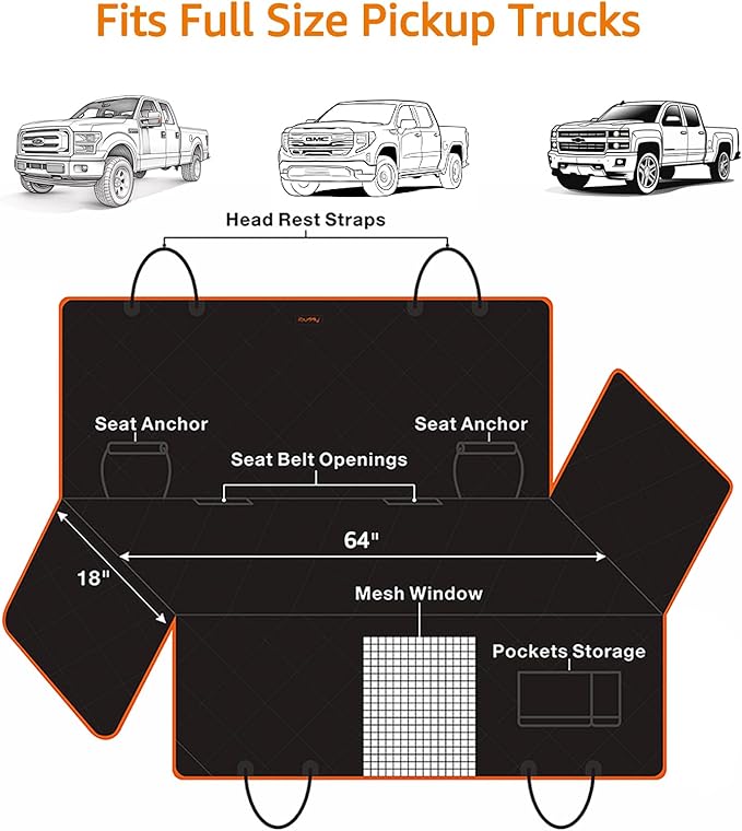iBuddy XXL Dog Seat Cover for Trucks with Mesh Window Waterproof Dog Truck Hammock Durable Back Seat Protector for Full Size Pickup Trucks Machine Washable X-Large Truck Pet Seat Cover for Ram 1500