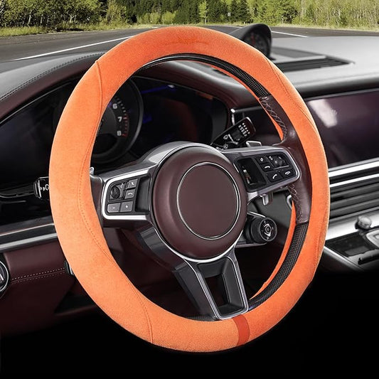 OURTIME Faux Suede Car Steering Wheel Cover, Universal 15 inch,Non-Slip,Comfortable,Soft,Microfiber Breathable Suede Fabric,Warm in Winter and Cool in Summer (Orange)