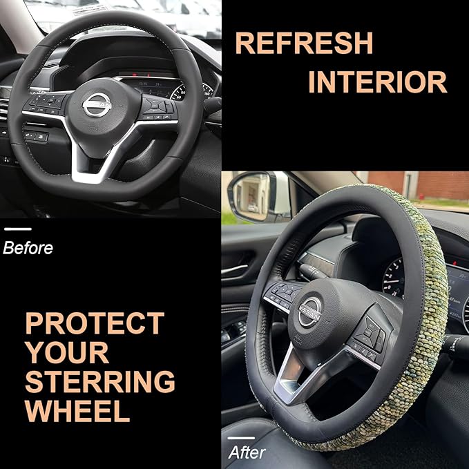 PINCTROT D Shaped Chenille Leather Steering Wheel Cover, Soft Mottled Colors, Sweat-Proof, Non-Slip Grip, All-Season Comfort, Flat Bottom 14.5-15 Inch(Mottled Green)