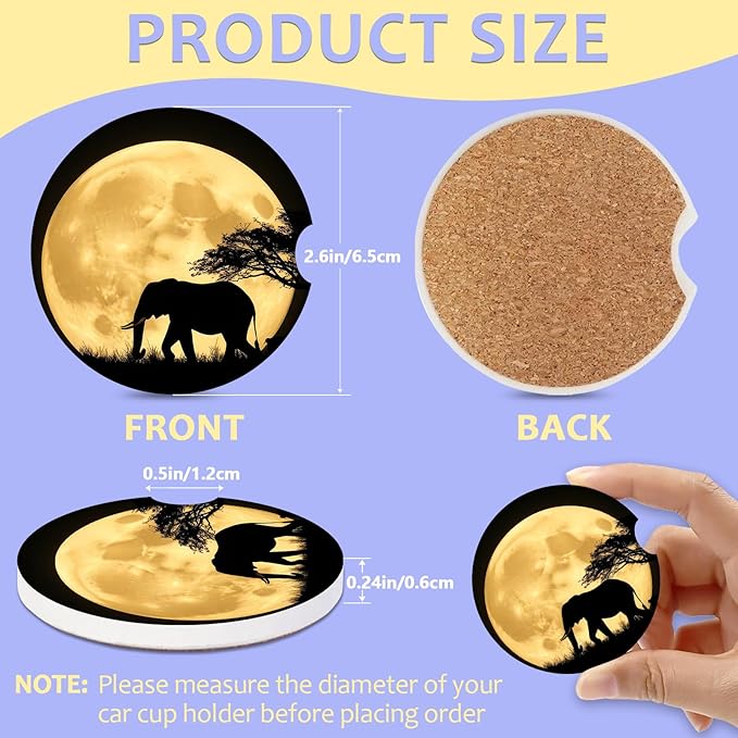 2 Pack Car Cup Holder Coaster-Elephant Full Moon Absorbent Ceramic Coaster, Car Coasters for Cup Holders,Auto Accessories for Women & Men
