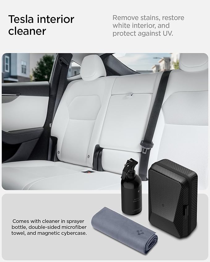 Spigen Car Interior Seat Cleaner & Stain Remover [Safe & Eco-Friendly Solution] Kit with CyberCase & Double-Sided Microfiber Towel Accessories for Tesla White/Black Leather Seats, Dashboard, Console