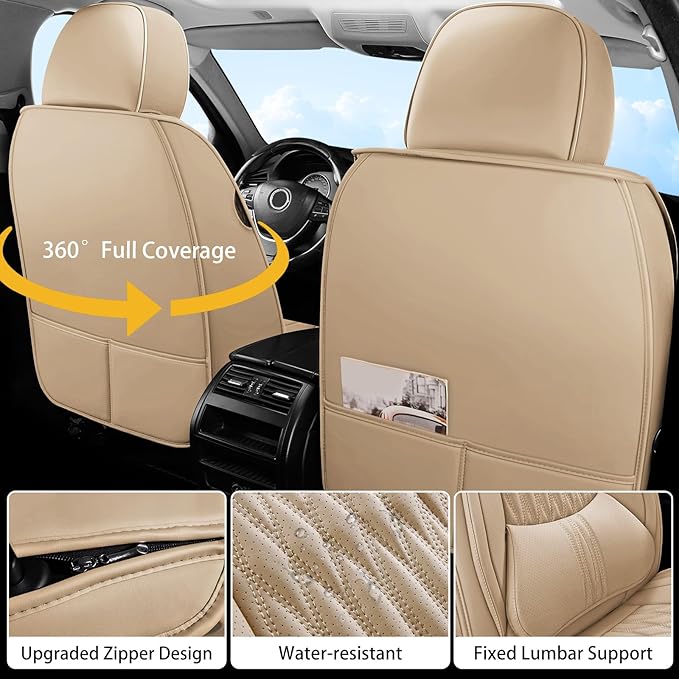 WELLDO Car Seat Covers Full Set, Premium Nappa Leather Seat Covers for Car, Waterproof Car Seat Protector with Lumbar Support, Automotive Seat Covers Universal Fit for Most Cars SUV Truck, Beige-white