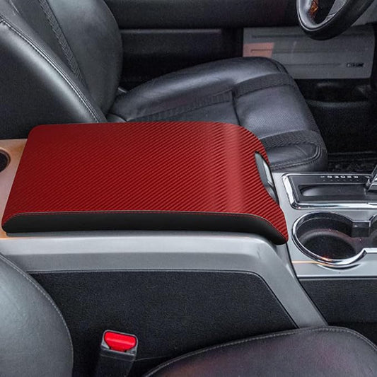 Car Center Console Armrest Cover for F150 2009-2014 Leather Anti-Scratch Central ArmRest Box Lid Cover Cushion Protector Interior Accessories Not Fit for Jump Seat Console-Red Carbon Fibre