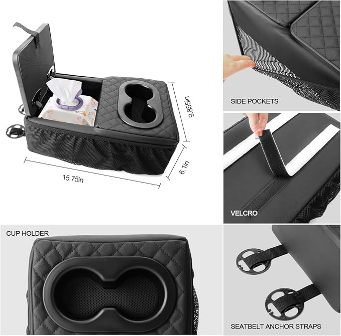 FURYENGRAVER Universal Rear Seat Armrest Rear Bench Seat Consoles with Cup Holder, Large Storage Box,2 Storage Bags Truck Seat Organizer
